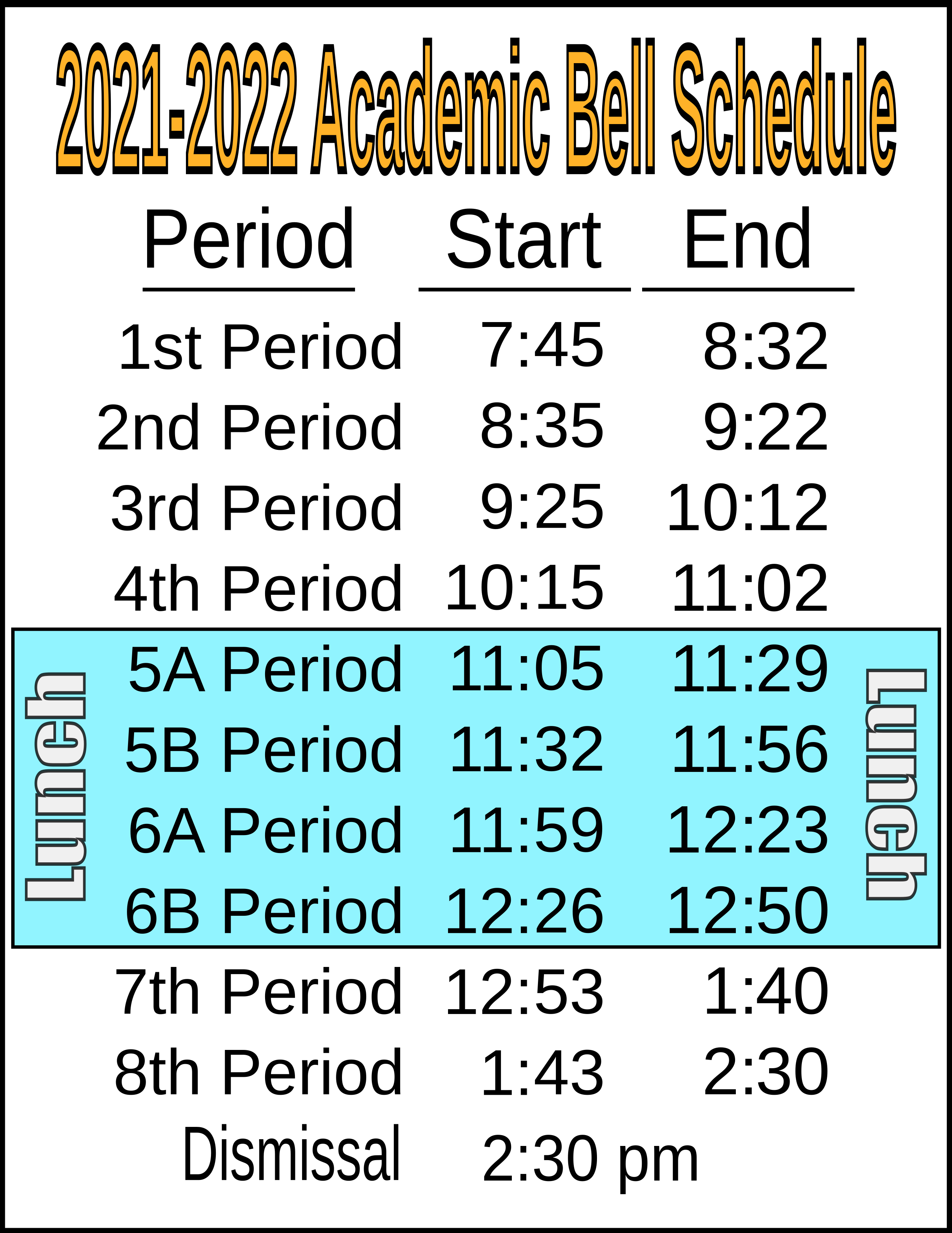 A letter-paper-sized bell schedule made with Inkscape. I added the black border so you can see page boundaries. Notice the narrow margins. The font size for the start / end times is about 42-pt.