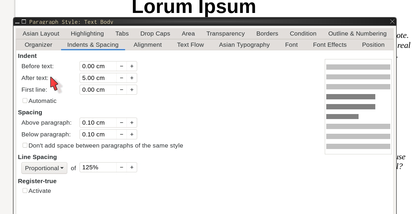 Step 2: Change Paragraph Indent to add space at the end of each line