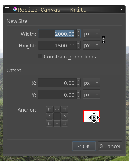 Resize popup in GIMP (left) and Krita (right). Choose the new size and where you want the original image to be placed on the new canvas.