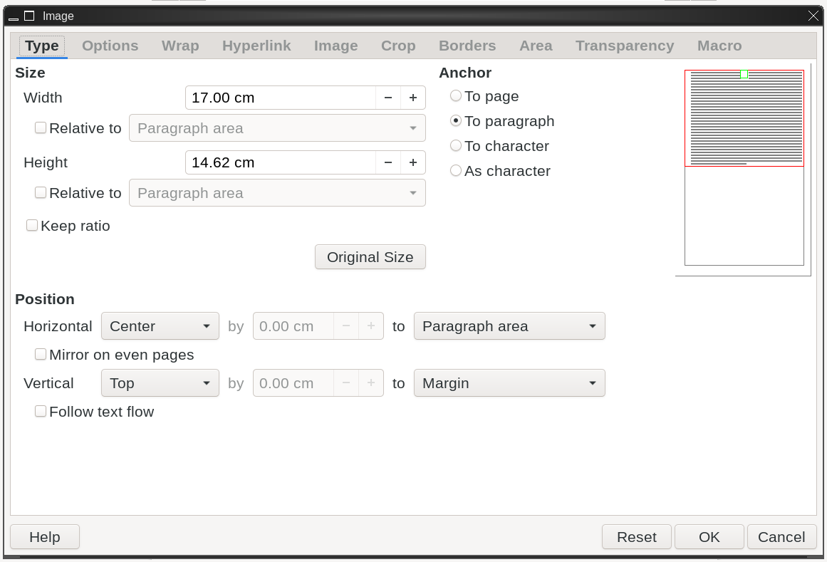 Image Properties (from LibreOffice Writer). Notice the anchor choices and also the tabs at top for things like cropping and adding borders.