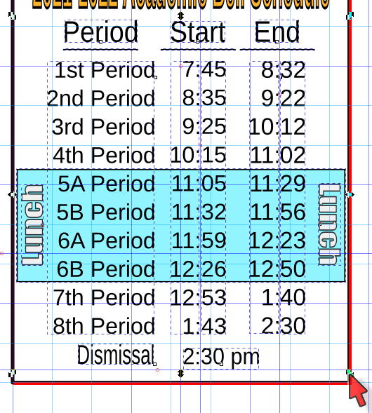 I selected everything except the title and dragged down to the bottom right corner. Now the period / times take up most of the page.