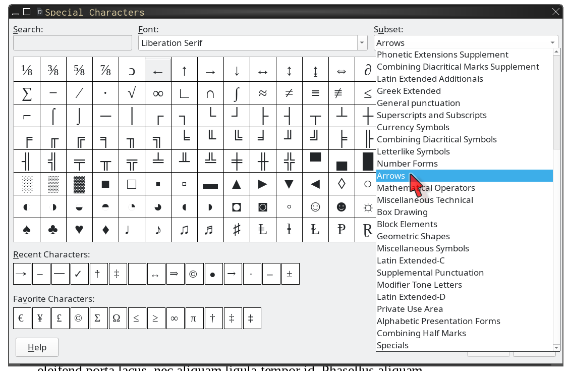 Find special characters easily by filtering by subset