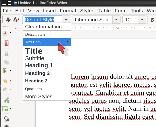 The Styles menu in LibreOffice Writer, from the main toolbar. Click on a style to apply it to the current paragraph, or click on “More Styles” to open the “Styles and Formatting” sidebar.