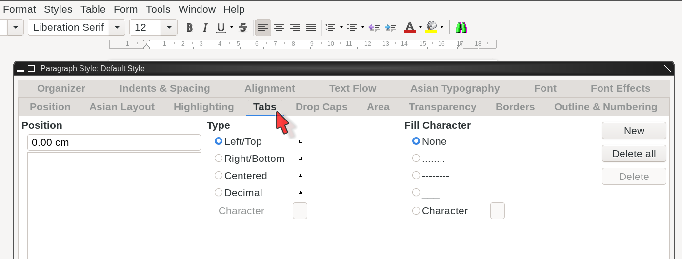The “Tabs” tab on the edit paragraph style window. You can also double click on the ruler at the top to open directly to the edit paragraph “Tab” tab.