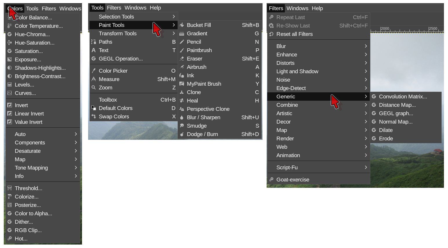 GIMP Menu Options — there is a lot here.
