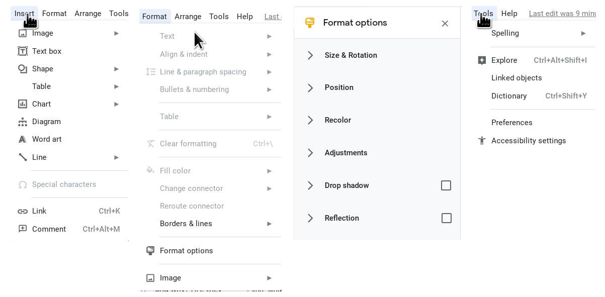 Google Drawings Menu Options — you can master this “software” in a day. Which is great, until you need to do something a little more advanced. And then you have to go learn GIMP.