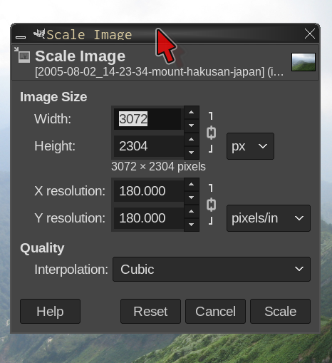 Scale Image Popup Window in GIMP