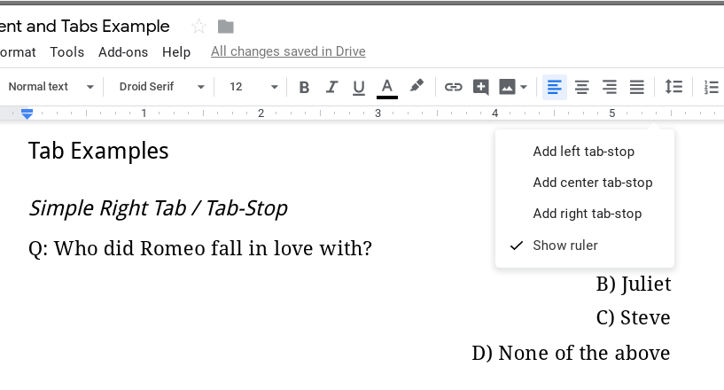 The tab-stop menu in Google Docs