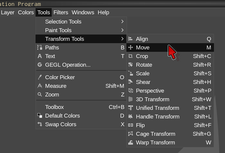 Tools Menu in GIMP. Most everything in the toolbox is also accessible from the menu. You can also right click anywhere in an image to get the same options that are in the main toolbar (, , , etc.)