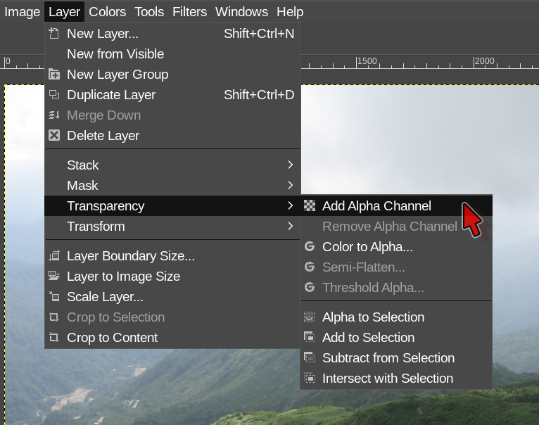Transparency: Add Alpha Channel — do this to add transparency to a file that doesn’t already have it.